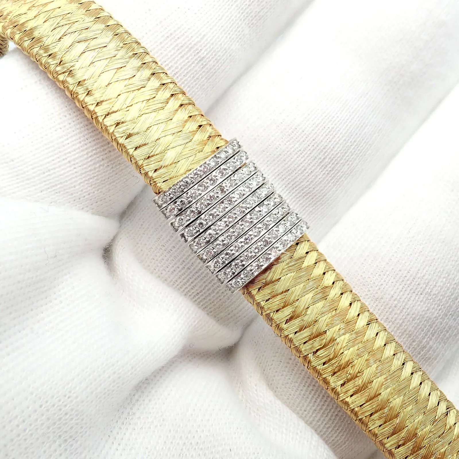 Authentic! Roberto Coin 18k Yellow Gold 9 Row Diamond Silk Weave Bracelet