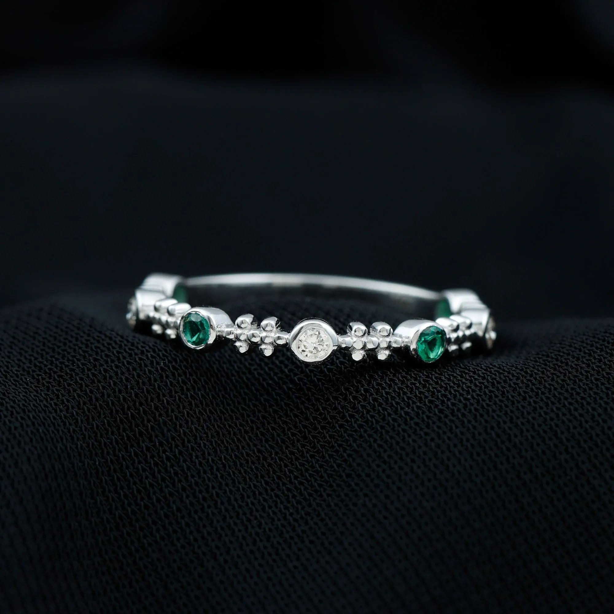 Bezel Set Lab Grown Emerald and Diamond Beaded Stackable Band Ring