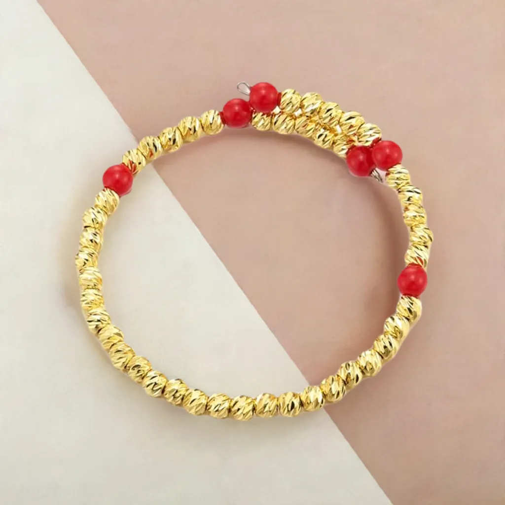 COOLSTEELANDBEYOND Gold and Red Beads Bangle Cuff Bracelet for Women, Elastic Adjustable