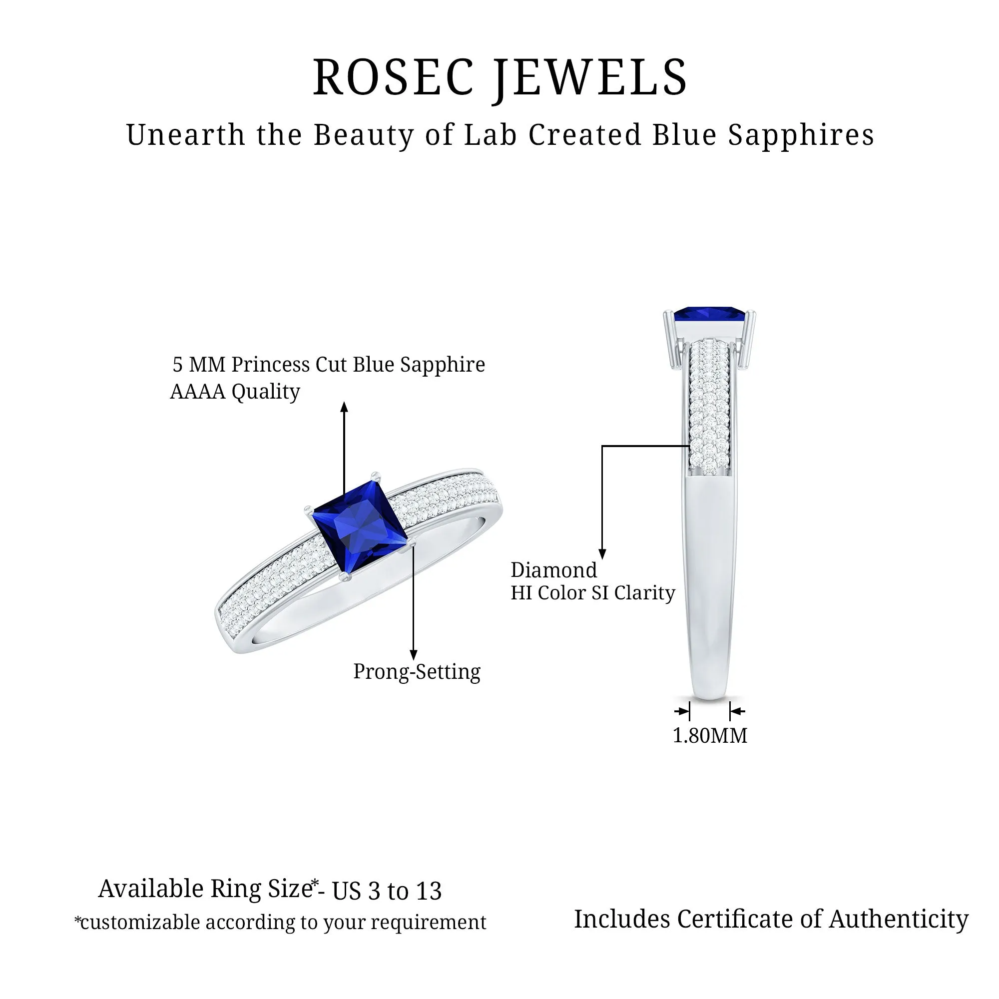 Created Blue Sapphire Solitaire Engagement Ring with Diamond