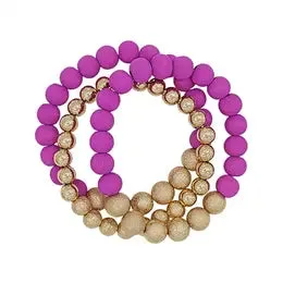 Hot Pink Wood & Gold Beaded Bracelets